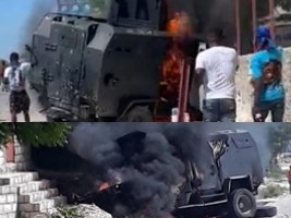 iciHaiti - Canaan : A PNH tank set on fire by bandits