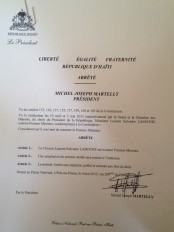 Haïti - Politique : Arrêté nommant Laurent Salvador Lamothe Premier Ministre